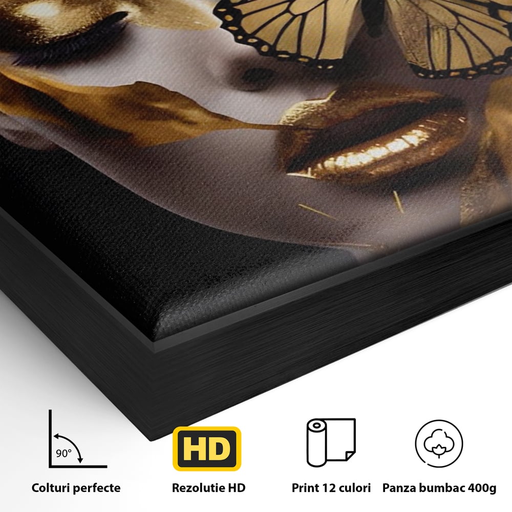 Detaliu al suprafetei: tablou canvas cu portret de femeie si fluture auriu, in rama de aluminiu negru